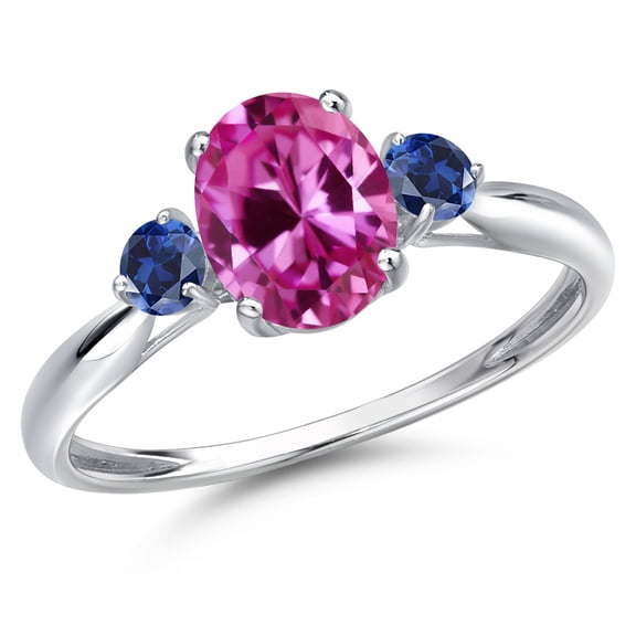 Gem Stone King 10K White Gold Pink Created Sapphire and Blue Created Sapphire 3-Stone Ring for Women | 1.93 Cttw | Oval 8X6MM | Gemstone September Birthstone | Size 8