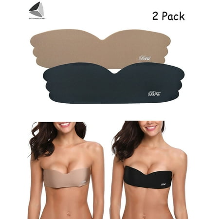 PULLIMORE 2 Pack Womens Backless Invisible Bras One Piece Self-Adhesive Push UP Strapless Bra Nippleless Covers (Cup C/D  Black+White)