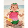 thumbnail image 5 of BemeyourBBs Toddler Baby Girl Watermelon Swimsuit Infant Bathing Suit 3 Pieces Swimsuits Bow Tank Top with Ruffle Shorts Set Sun Hat Rash Guard Swimwear Summer Beach Wear, 5 of 9