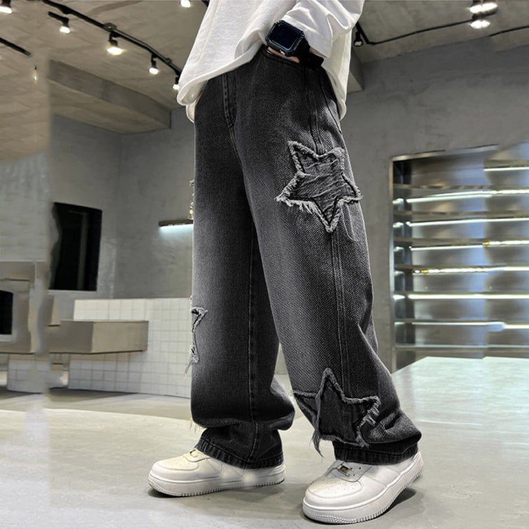 Quotay Boys Pants Casual Star Patch Straight Leg Wide Fit Denim