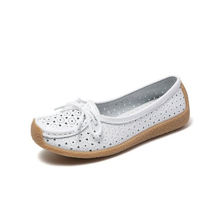 

GENILU Womens Anti-Slip Breathable Moccasins Slip On Flats Walking Bow Tie Loafers Hollow White 4.5
