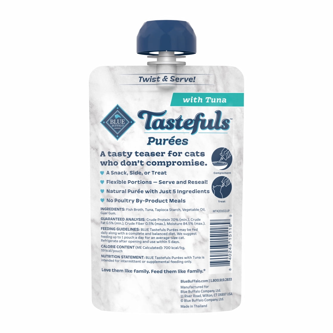 (12 pack) Blue Buffalo Tastefuls Adult Cat Natural Purées, Tuna 3-oz Resealable Twist Cap Pouch