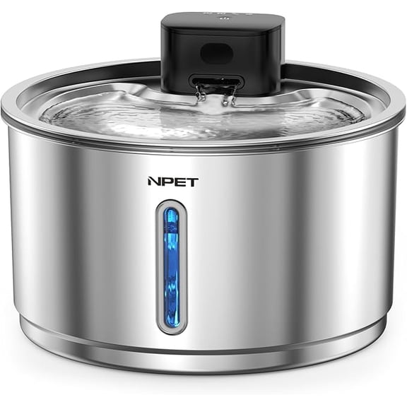 NPET 1 Gallon Battery Operated Stainless Steel Cat Water Fountain Wireless Quiet Filtered Pet Drinking Water Dispenser For Cats, Dogs