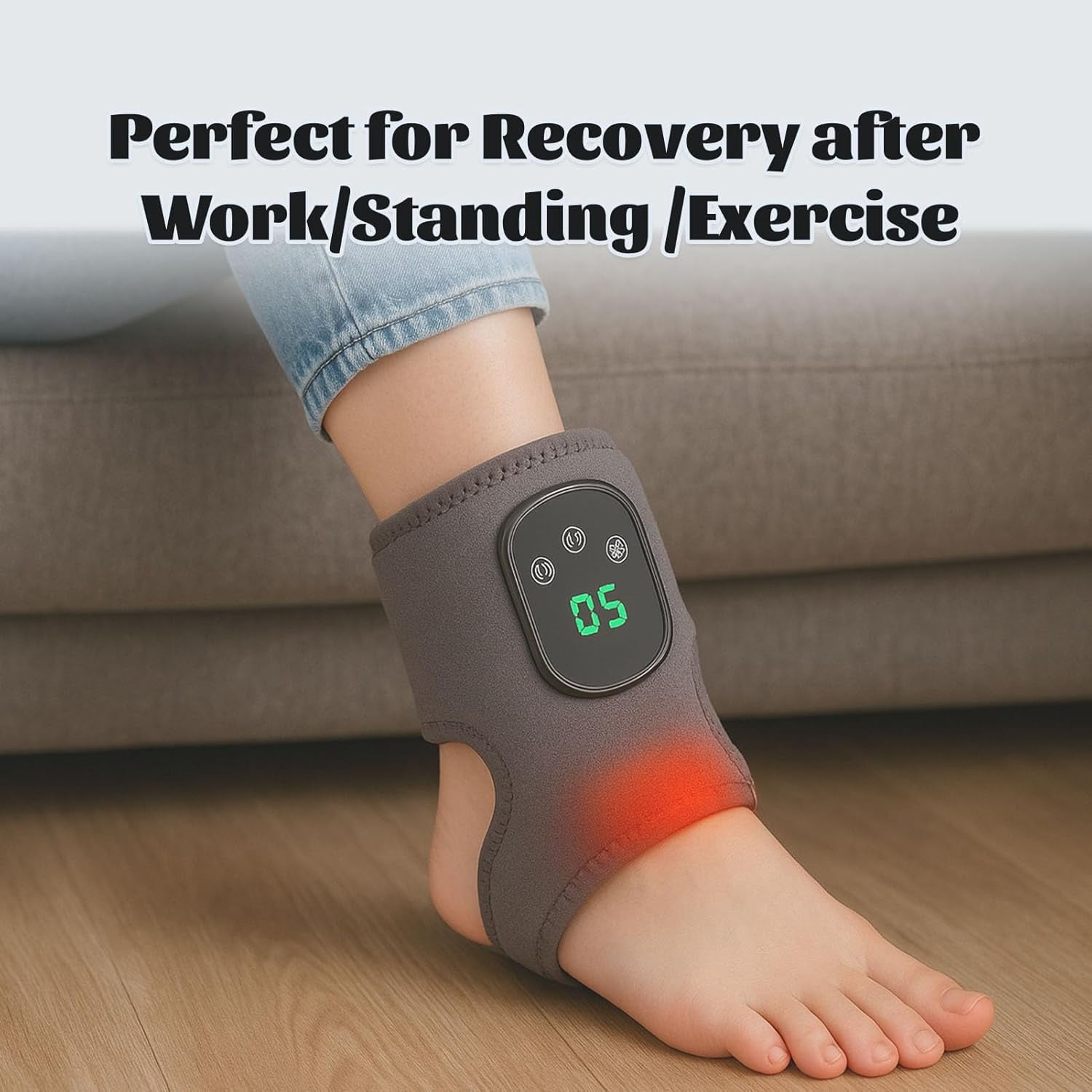 Rejuvenating Foot Triple Massager, a 3-in-1 cordless and portable foot massager with a triple heated ankle bandage, 3 vibration modes, and 5 heat levels to help you relax. Suitable for heels, arches,