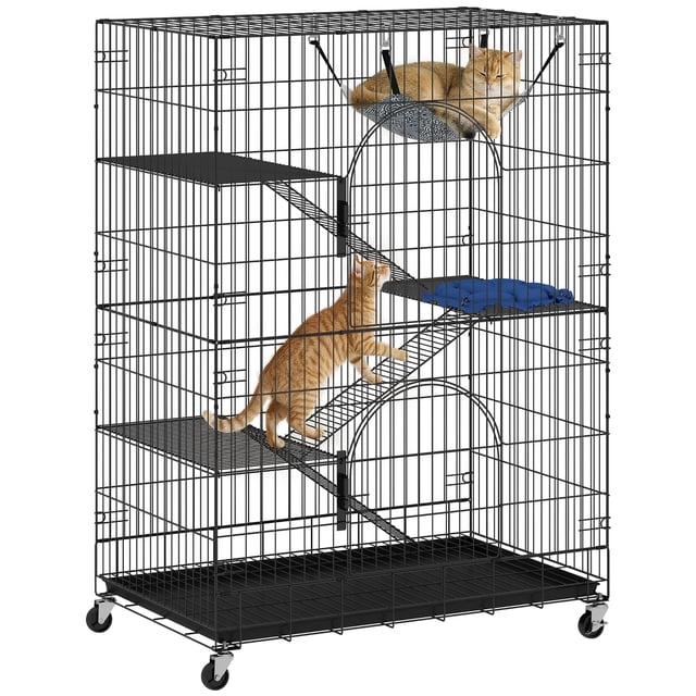 PawHut Cage pour Chat à 4 Niveaux, Grand Enclos pour Chat Parc de Jeu en Métal avec Roues