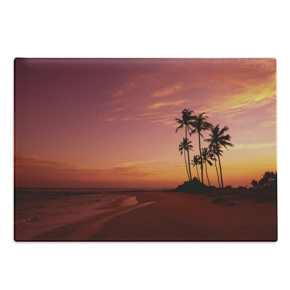 Ocean Cutting Board, Exotic Beach Photo over the Ocean Hawaii Palm Trees at Sunrise Summer Wonderland, Decorative Tempered Glass Cutting and Serving Board, Large Size, Red, by Ambesonne