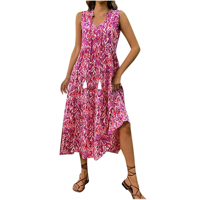 VEKDONE Robe d'Été pour Femme à Imprimé Floral, Col en V, Sans Manches, à Franges, Ample et Confortable, Rose Vif, TG