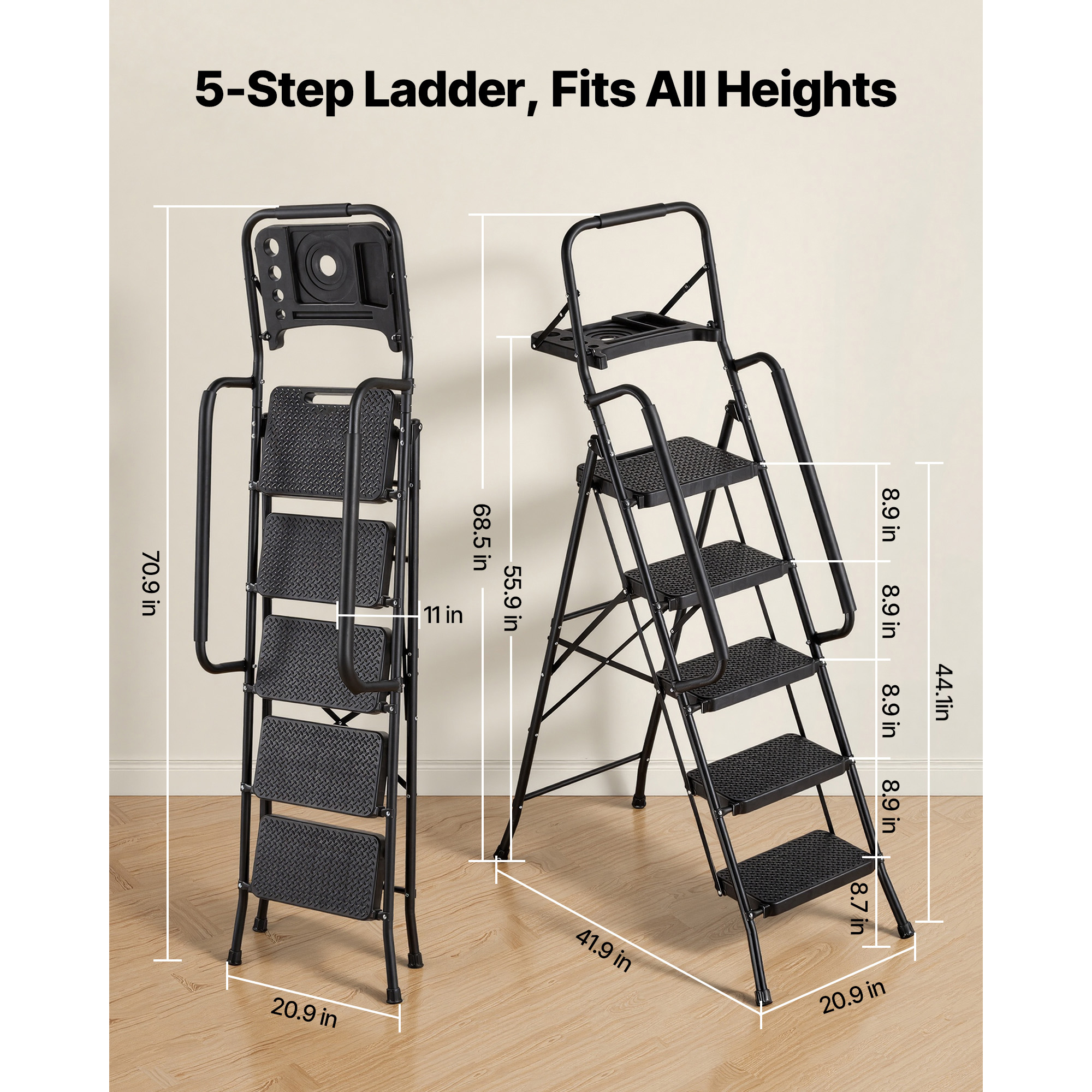 Kffkff 5-Step Folding Ladder with Handrails Black photo 2