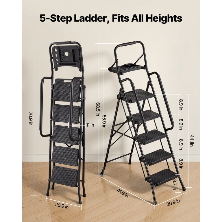 KFFKFF 5-Step Folding Ladder with Wide Non-Slip Pedals, Tool Tray