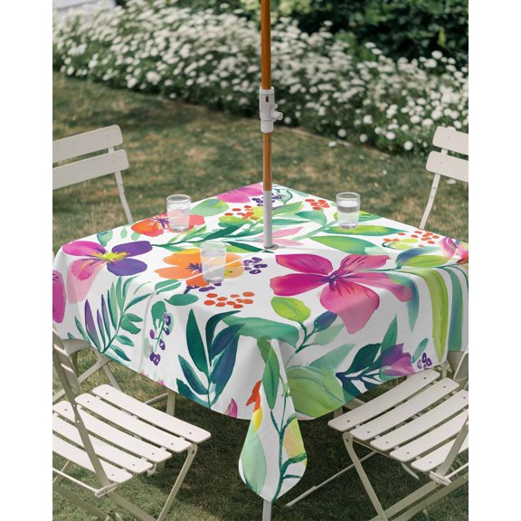 Outdoor Tablecloth with Umbrella Hole, Watercolor Pink Flower Green Leaves Zippered Table Cloth for Rectangle Tables, Summer Botantical Washable Waterproof Tablecloths for Picnic Patio Garden
