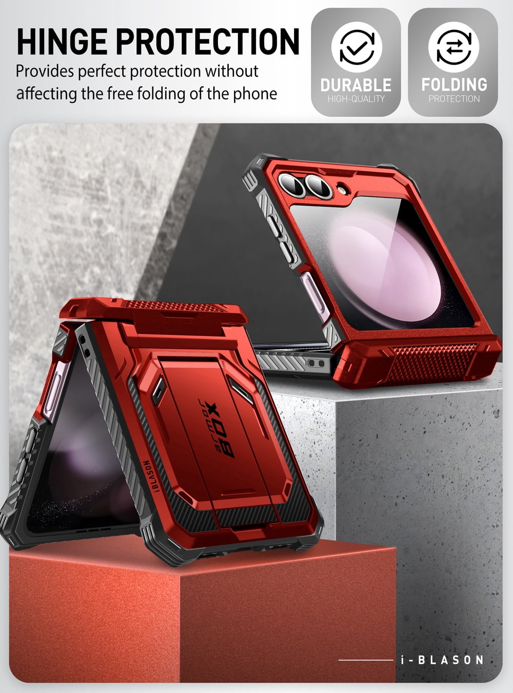 i-Blason Armorbox series for Samsung Galaxy Z Flip 6 / Flip 5 Case with Stand, [Built-in Screen Protector] [Hinge Protection] [Belt-Clip], Full-Body Protection Phone Case Cover, Ruddy