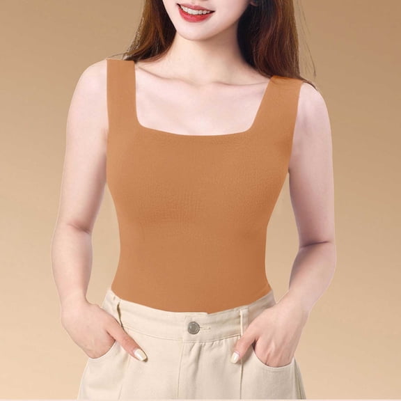 Blmnix Women Tank Tops with Built in Bras Wide Strap Tank Top Sleeveless Square Neck Brown Summer Tank Tops