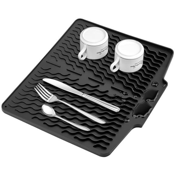 Lonian Dish Drying Mat for Kitchen Counter, Silicone Drying Mat with Drain Lip for Dishes, Fruits and Vegetables, Black