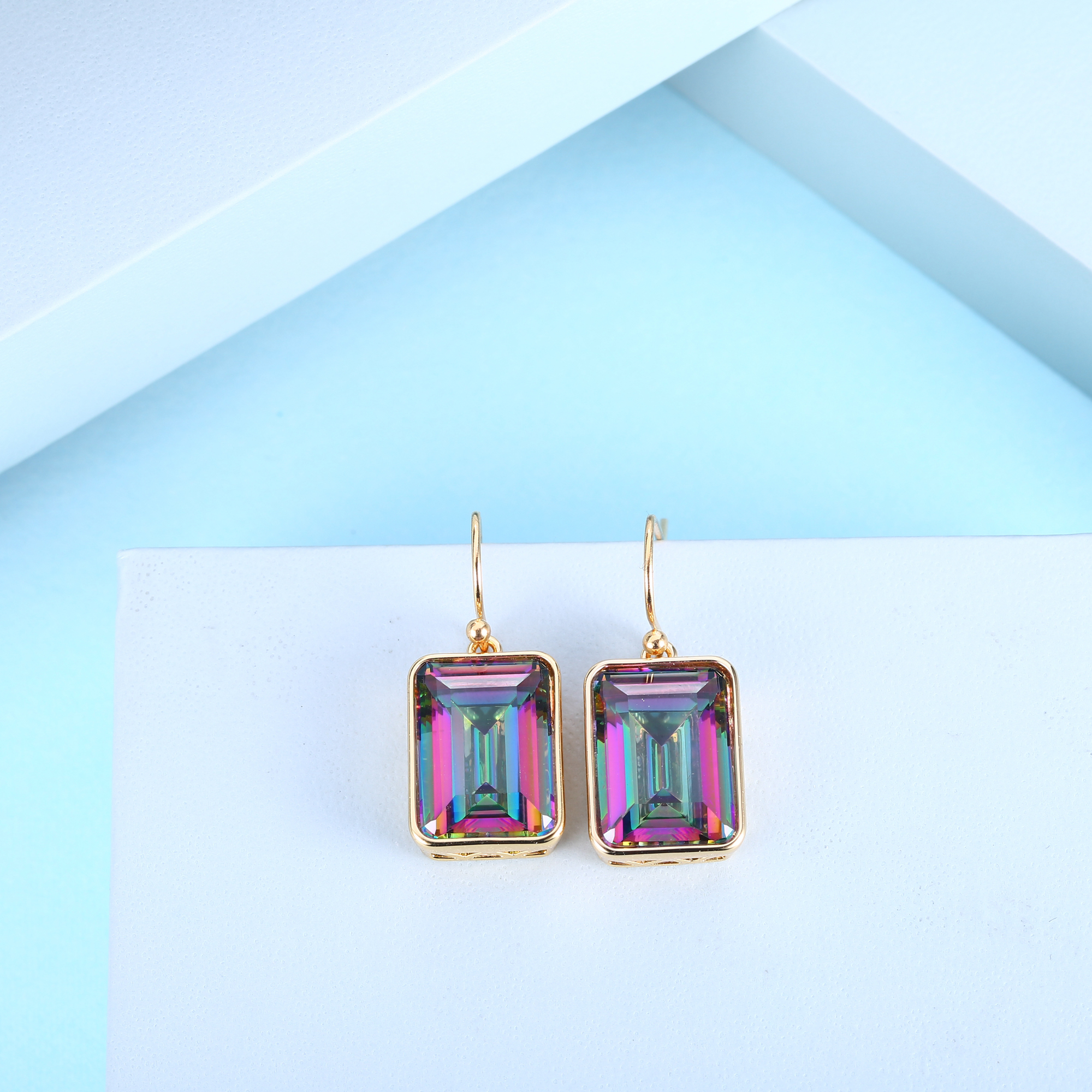 Peermont Emerald Cut Mystic Topaz Drop Earrings in 18K Yellow