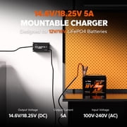 Litime 12V 16V 5A Mountable Lithium Battery Charger, IP65 Waterproof, 14.6V & 18.25V LiFePO4 Smart Charger with Adjustable Voltage, LED Indicator, Smart 3-Stage Charging & BMS Activation
