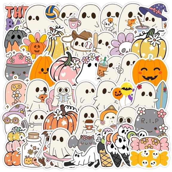 50 Pack Cute Halloween 2 X 2 Inch Waterproof Vinyl Stickers for Water Bottles Halloween Ghost Pumpkin Decals for Students Adults Halloween Party Favors