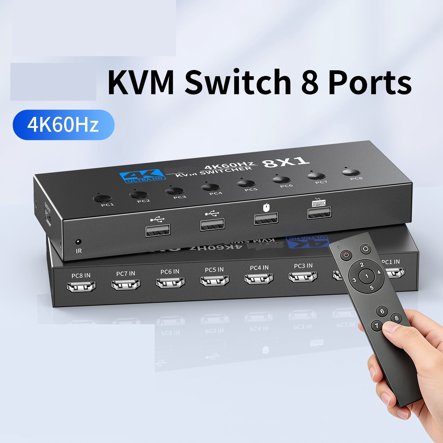 8 Port 4K 60Hz KVM Switch, Ultra HD Video Selector with IR Remote Control