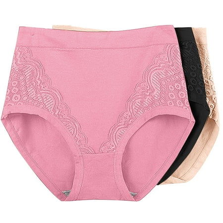 Jgppe Women s 3 Pack Cotton Panty High Waisted Lace Trim Solid Color Breathable Full Coverage Briefs Womens Underwear