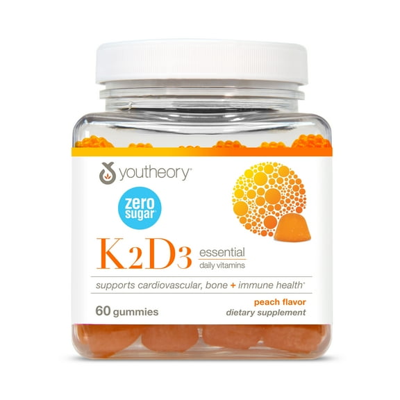 Youtheory Vitamin K2D3 Gummies, Daily Vitamin Supplement for Calcium Absorption, Bone Strength and Cardiovascular Support, Peach Flavor, 60 Count