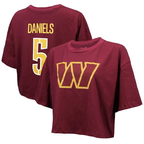 Women's Majestic Threads Jayden Daniels Burgundy Washington Commanders Swarovski Crystals Boxy Cropped Name & Number