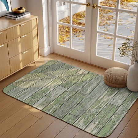 Vintage Wood Grain Front Door Mat Indoor Entrance Green and Gray Distressed Board Texture Absorbent Dirt Resist Welcome Mats Non-Slip Low-Profile Doormat Washable Entry Rug Indoor Outdoor 17x30 Inch