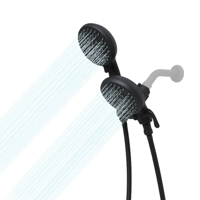Système de Pomme de Douche Double, Tuyau en Acier Inoxydable, Utilisation Simultanée Ou Indépendante – Noir Mat, Conception à Clipser, n'Inclut Pas l'Extension de Bras de Douche au Coude Ou de Siège de 6 Pouces, Noir Élégant