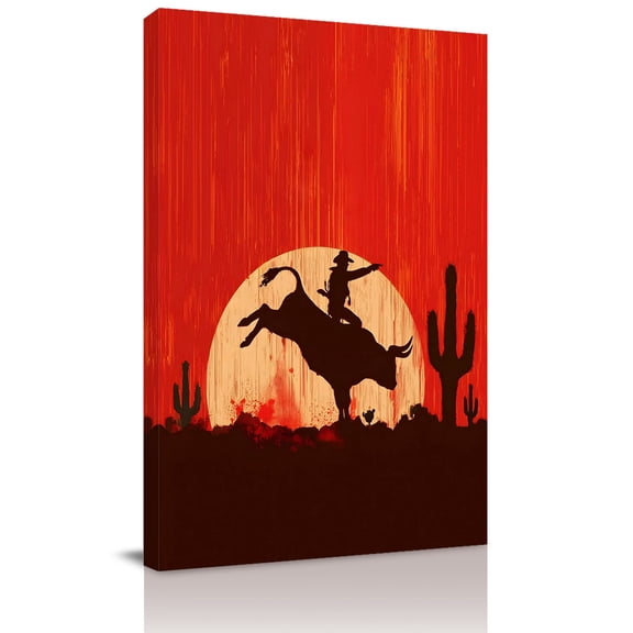 Canvas Wall Art Western Cowboys Canvas Art Print Black Bullfighting Silhouette Tropical Cactus Sunset Pictures Wall Decor for Living Room Bedroom Decorations Stretched Framed Ready to Hang 16"x24"