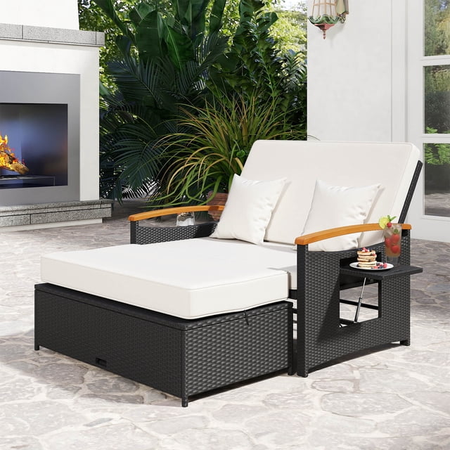 Costway Patio Rattan Daybed Set with Cushioned Loveseat & Storage Ottoman for Porch White + Black