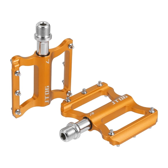 Unique Bargains 1 Pair Aluminum Alloy Rear Foot Peg Flat Pedal Footrests Gold Tone Fit 9/16 Inch Axles MTB Bike Bicycle
