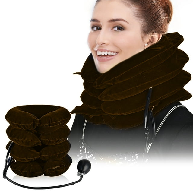 Cervical Neck Traction Device with 4 layers, shown in a coffee color. The inflatable and adjustable neck brace features a U-shaped design with velvet fabric and a PVC liner. Includes an air pump for neck support and posture correction, designed to relieve neck pain, improve spine alignment, and enhance blood circulation. The device is displayed both in use and as a standalone product.