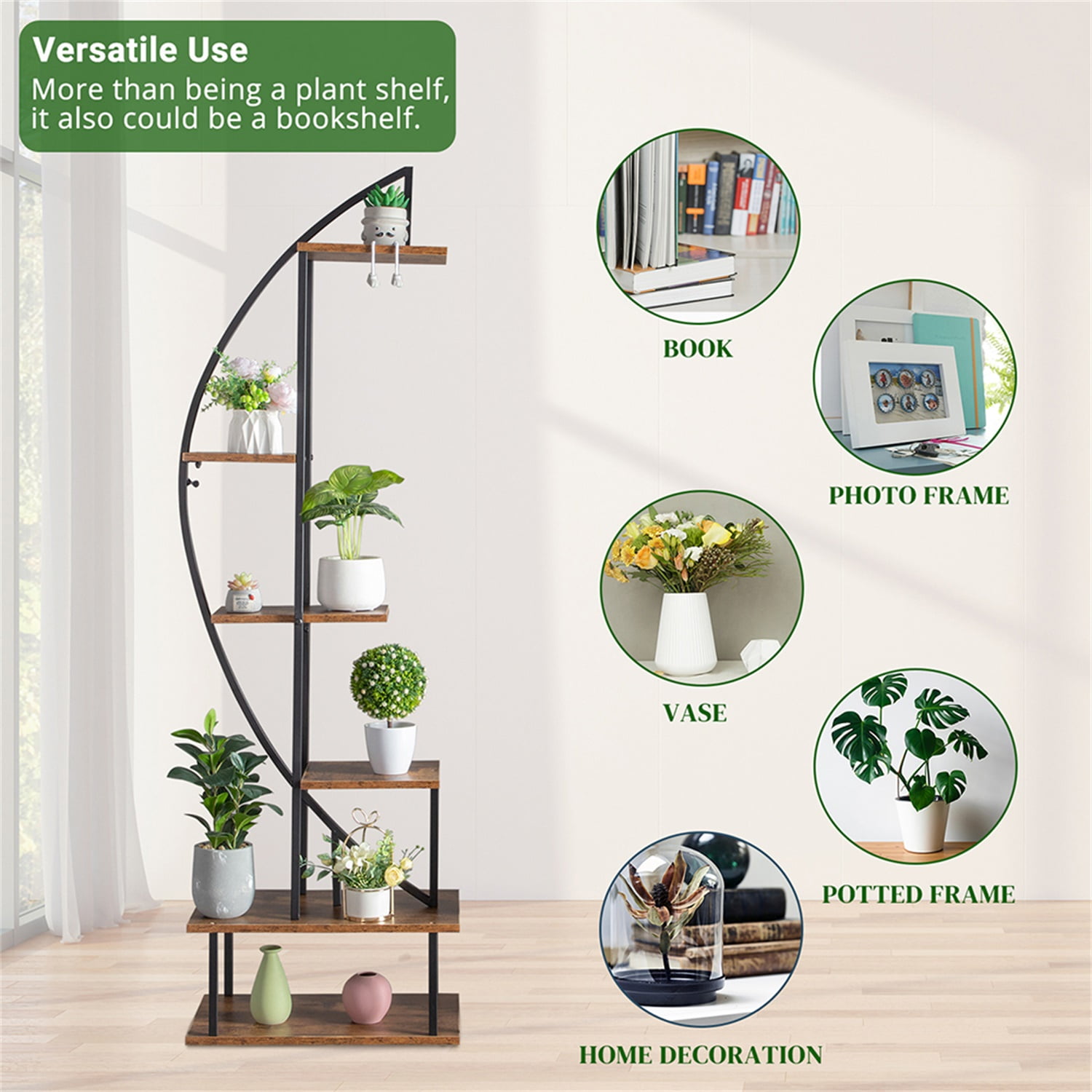 Kepooman 2pcs 6-Tier Plant Stand, Half Moon Shape Ladder Plant Stands for Garden Balcony, Black Display Shelf
