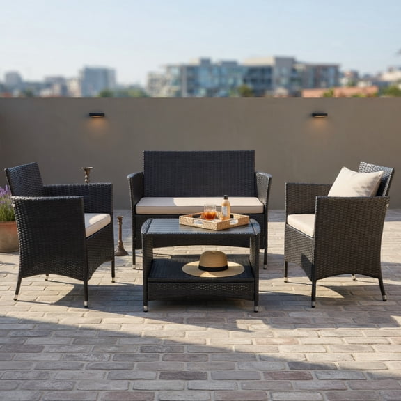 Hommoo 4-Piece Outdoor Patio Conversation Set, PE Rattan Loveseat & Armchairs with Tempered Glass Coffee Table and Removable Cushions, Black