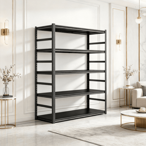 72" H x 36"W Metal Garage Shelving Unit, 5-Tier Heavy Duty Garage Storage Shelves with Fences, 3000 lbs Adjustable Industrial Shelving, Standing Shelf for Warehouse, Basement, Double-Layer Columns