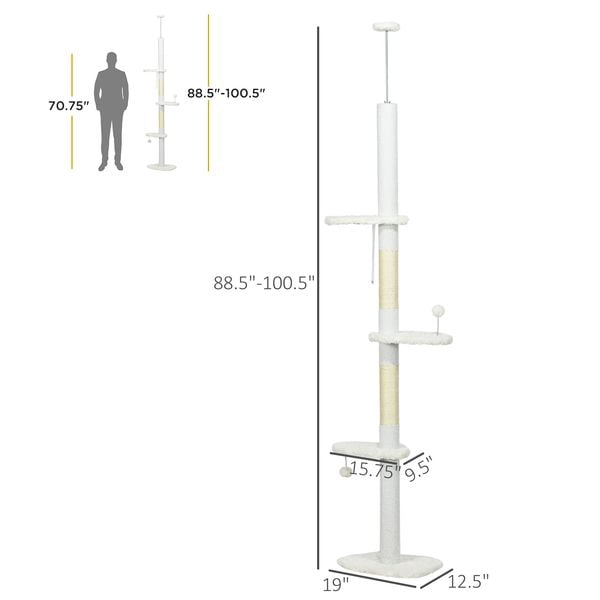 PawHut 8.4' Floor to Ceiling Cat Tree, Adjustable Height, White