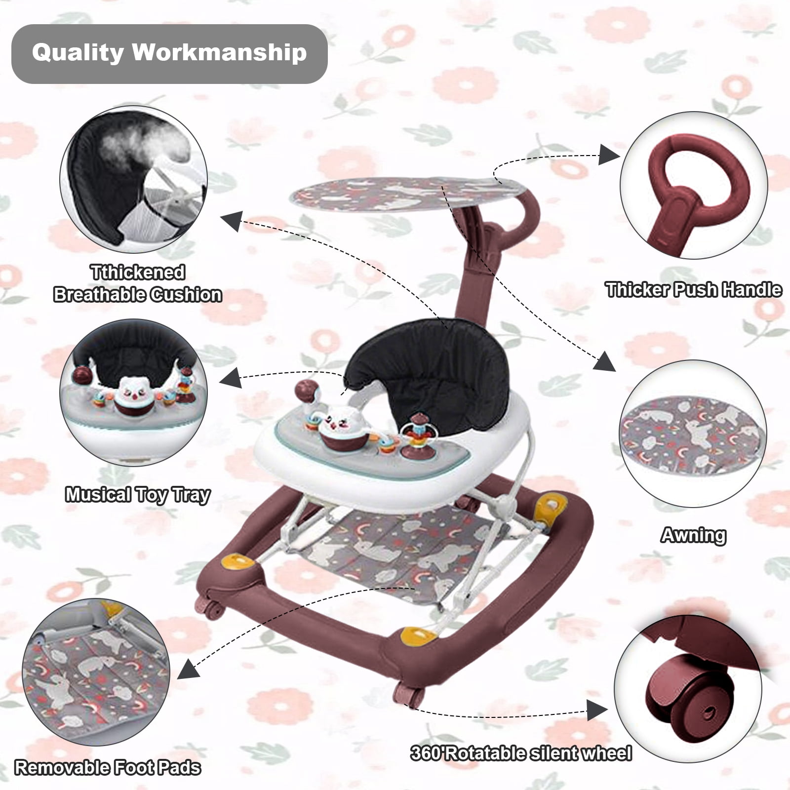 XunKA 6-in-1 Multifunctional Baby Walker, Foldable Push Walker with Musical Activity Station for 6-24 Months,Red.