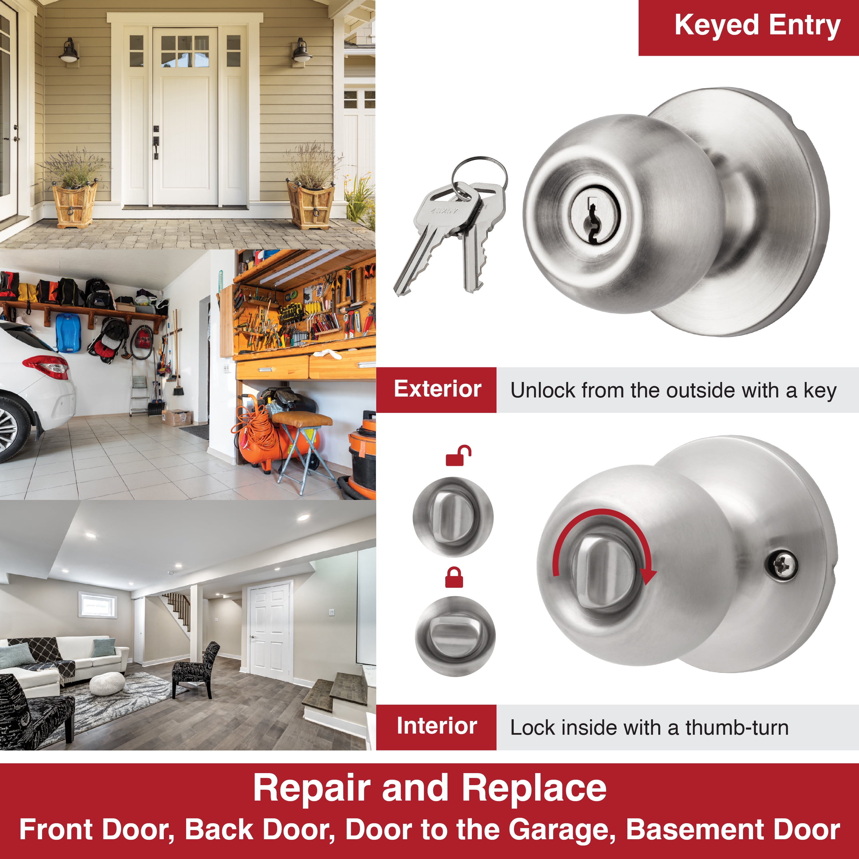 (4 pack) Hyper Tough Keyed Entry Ball Locking Doorknob Stainless Steel Finish