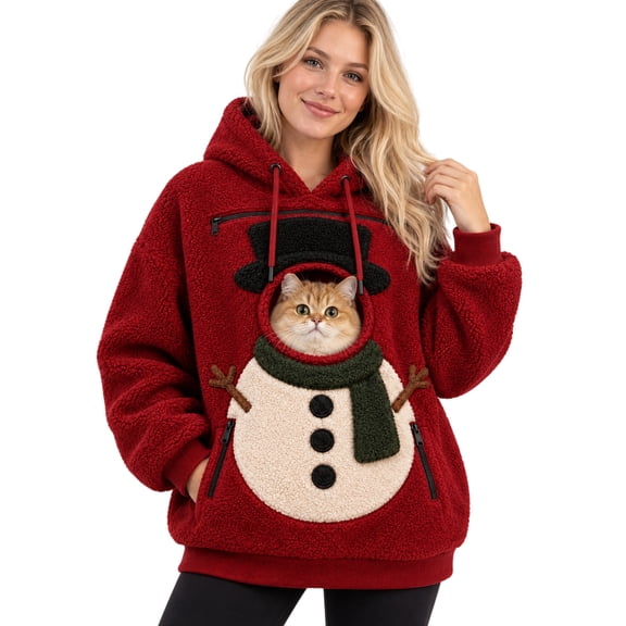 Stralyhd Christmas Snowman Cat Dog Pouch Hoodie for Women Cozy Soft Sweatshirts with Large Pocket Sharpa Warm Pet Carrier Hoodie Hooded Animal Holder Pullover Red L