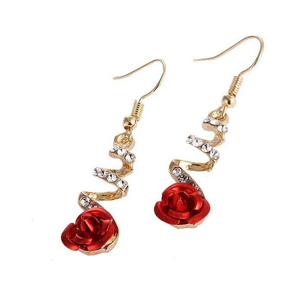 Creative Trendy Red Rose Drop Rhinestone Spiral Dangle Hook Earrings Personality Temperament Rose Flower Earrings Fashion Earrings