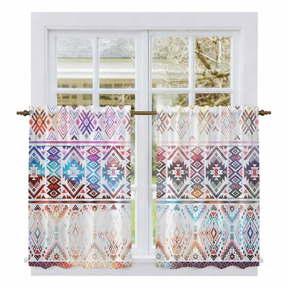 Colorful Southwestern Tier Curtains, Modern Geometric Abstract Art Light Filtering Kitchen Curtains, 2Pcs Rod Pocket Half Window Treatments Panels for Sink Cafe Cabinet Basement 27.5x45 Inches