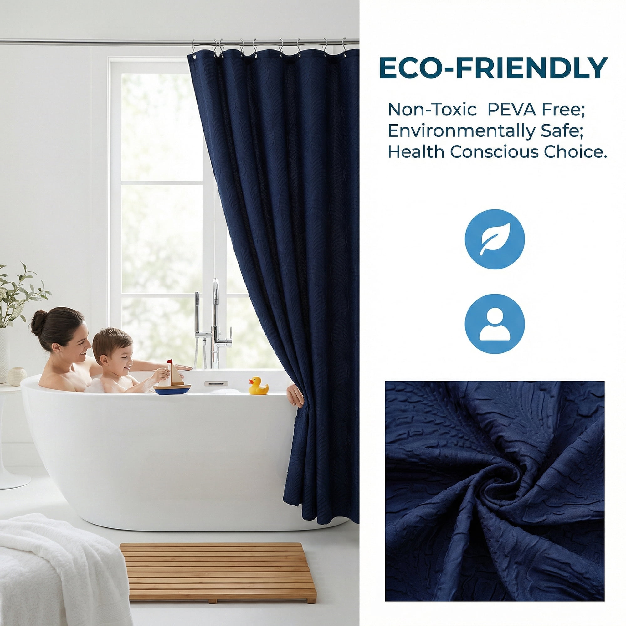 Unique Bargains Waterproof Fabric Shower Curtain Sets Dark Blue - Leaves 71"W x 71"L