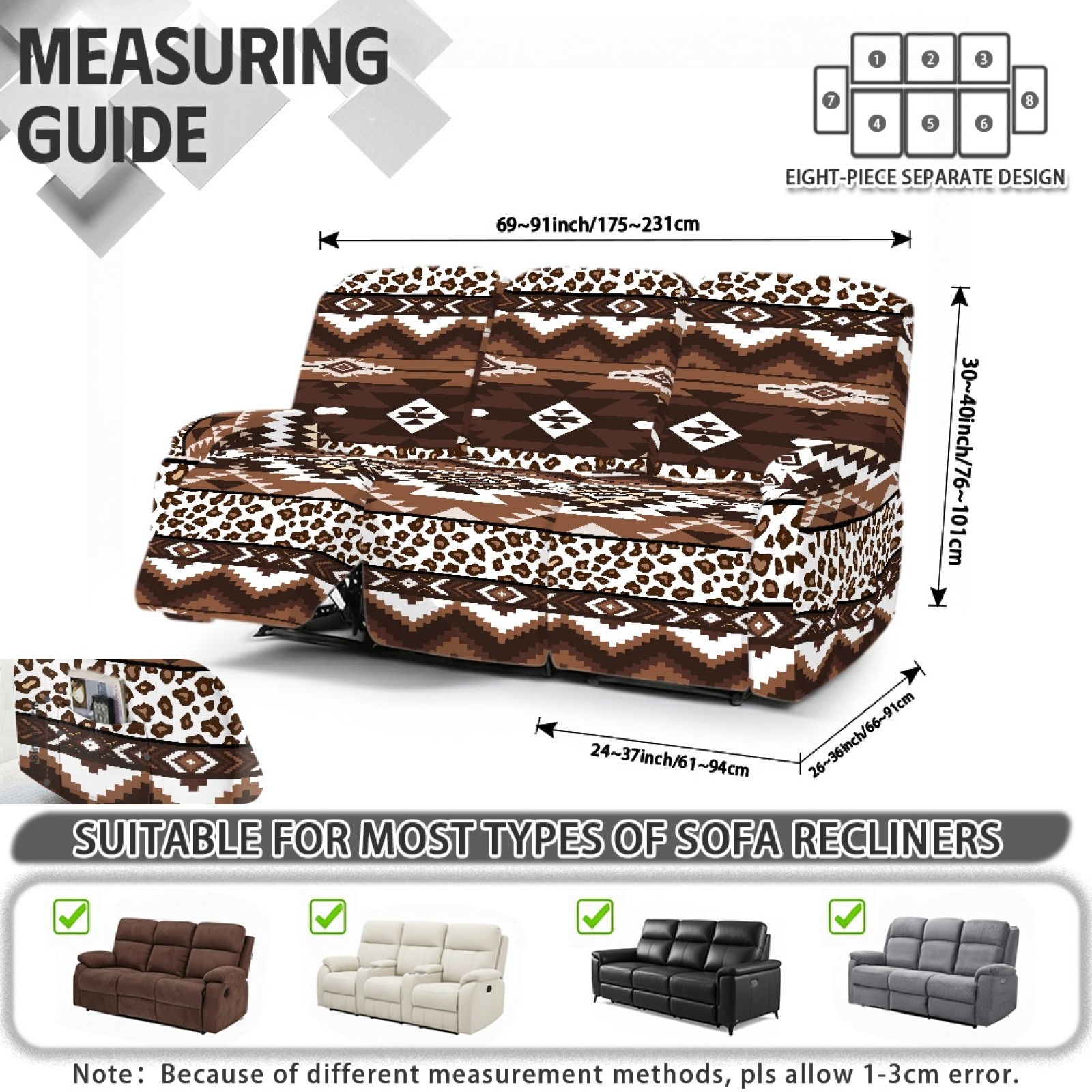 COEQINE Reclining Sofa Cover Breathable 3 Seater Couch Chair Cover 8 Pieces Stretch Recliner Chair Cover Stay in Place Lazy Boy Chair Slipcover Home Decor, American Tribal Brown Leopard Print