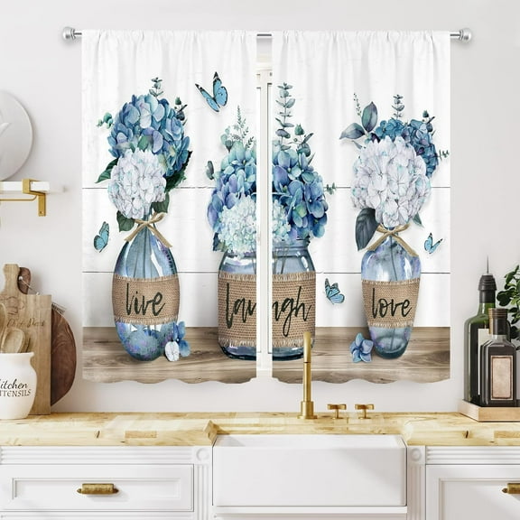 Rustic Farmhouse Blue Floral Kitchen Curtains 27.5Wx39H Inch Rod Pocket Teal Flower Plant Cafe Curtains Spring Butterfly Botanical Country Wooden Small Bedroom Window Drapes Fabric 2 Panels