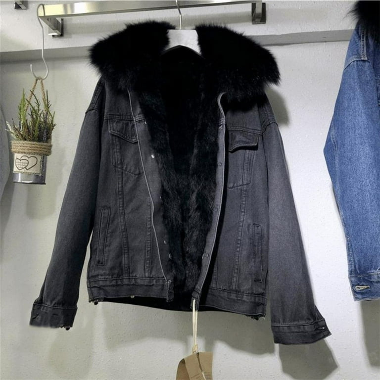 Humlua Denim Jacket for Women Lined Faux Fleece Short Winter Jeans Coat with Detachable Faux Fur Collar Winter All Loose Cotton Coat Detachable Large