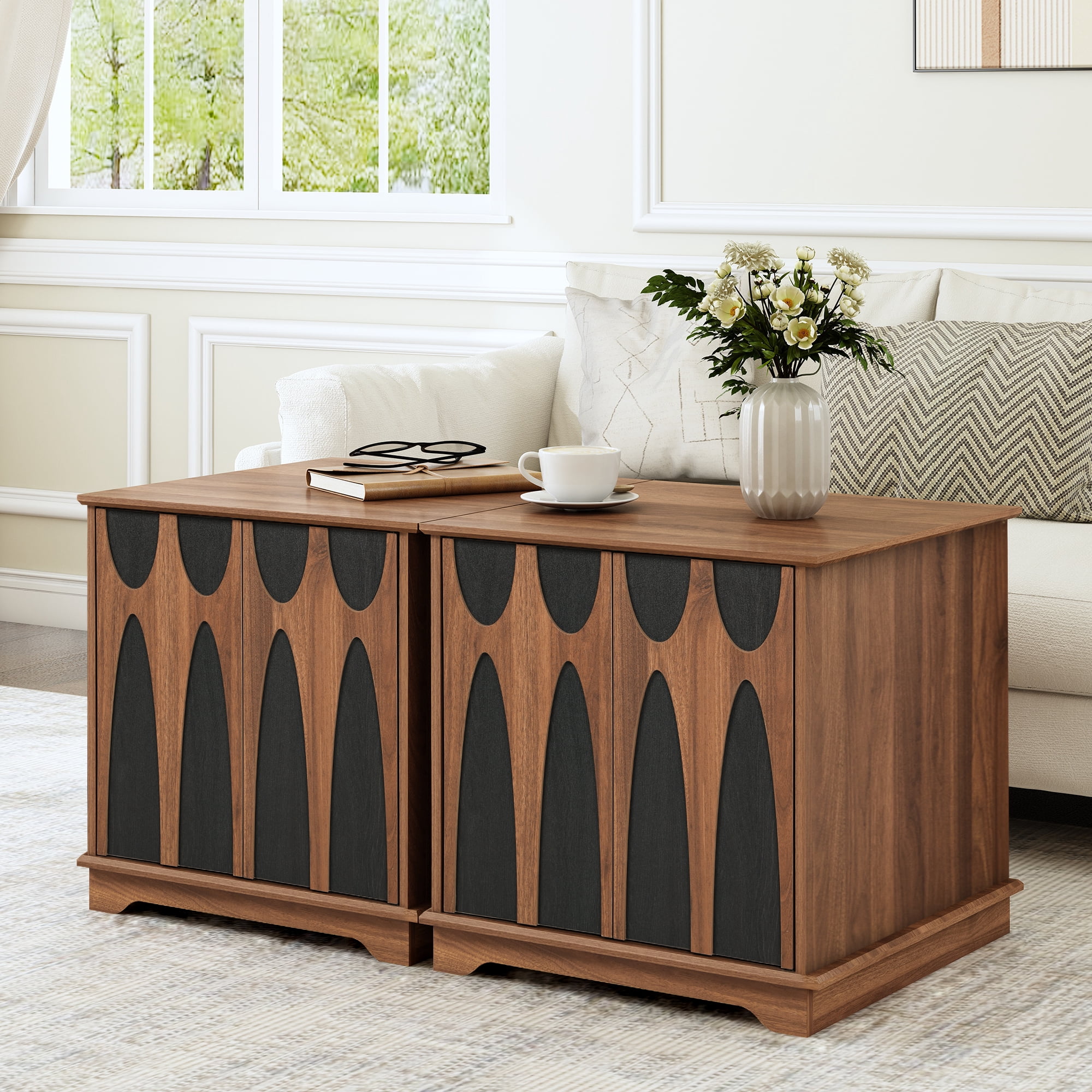 LEFHDA 24" Large Square End Table with Storage — Mid Century Modern Sofa Side Table, Nightstand with Doors/Drawer & Adjustable Shelf for Living Room, Bedroom, Office