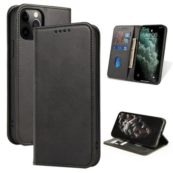 Leather Wallet iPhone 14 Pro Max Case (Black) Magnetic Folio Card Slot Holder Flip Kickstand Shockproof Cover