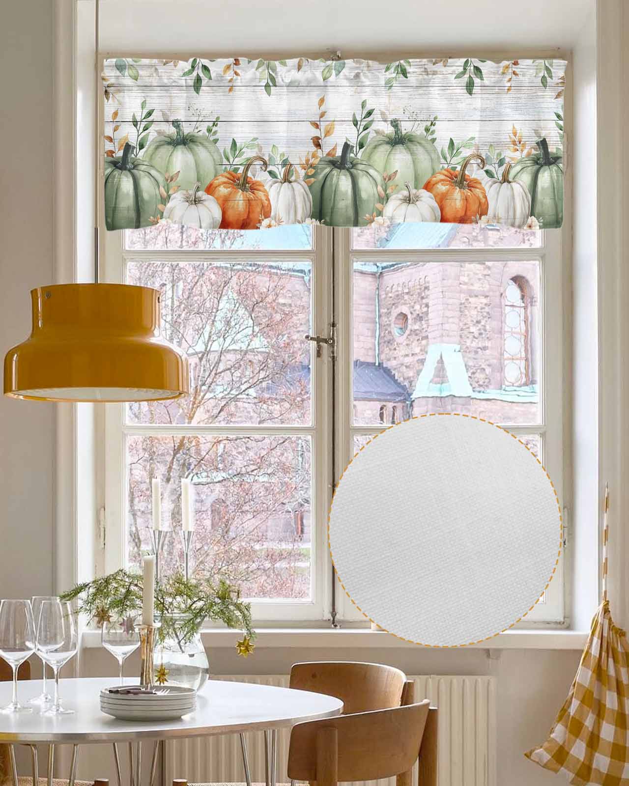 Thanksgiving Fall Kitchen Valances for Windows Farmhouse Linen Window Valance Curtain for Living Room Window Treatment Autumn Eucalyptus Sage Green Pumpkin Valance Rod Pocket Topper, 60 x 18 Inch