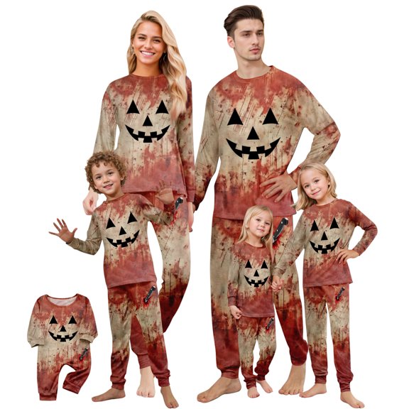 Matching Family Halloween Pajamas Set - 2 piece Pumpkin Face Print Long Sleeve Top and Pants Sleepwear Sets,Funny Cartoon Family Halloween Pajamas for Halloween Night for 12 Months Pjs
