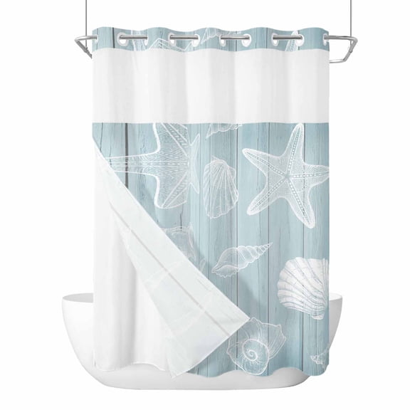 No Hook Ocean Beach Shower Curtain with Snap in Liner Set, Summer Coastal Starfish Shell Conch Wooden Green Waterproof Bathroom Curtains with See Through Top Window, Hotel Style Modern 60 x 72 Inch