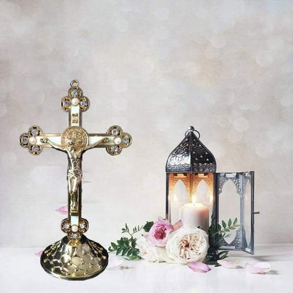 Standing Crucifix with Base Alloy for Home Chapel Decoration and (Gold)