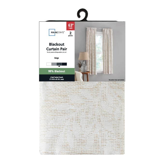 (2 pack) Mainstays Jacquard Blackout Panel Pair, Set of 2 Curtains, Beige Botanical, 37" W x 63" L